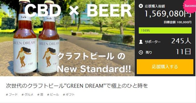 クラファン先行販売累計2,000本間近！次世代クラフトビールCBD×BEER【GREEN DREAM】Makuakeにて9月12日(日)まで大好評、先行発売中。
